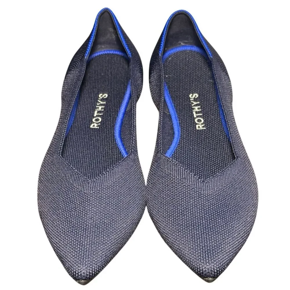 Rothys The Point Flats Womens 9.5 Maritime Navy Blue Pointed Toe Knit Shoes